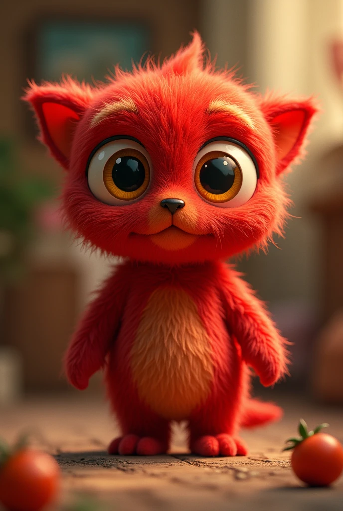 Very cute red plush doll, Scrawny , with yellow eyes
