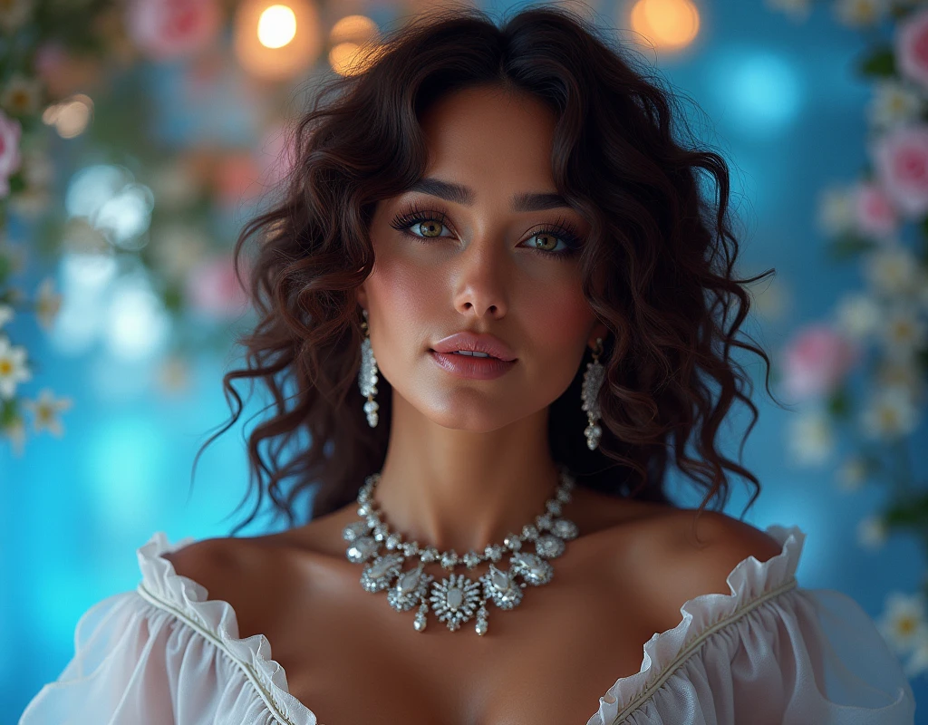 1 girl, European(Beautiful smile),face makeup, Perfect lipstick, perfect eyeshadows, Perfect jewelry, Intricate details of clothing, (Perfect breasts,perfect thighs,Perfect Finger,the perfect face,Perfect girl),(gigantic cleavage breasts)(((gigantic breast :1.6)))(((large breasts:1.8))),a plump buttocks,Exquisite facial details, Sexy fashion model, brown tanned skin), Naturally sagging chest, curly long hair, Perfect body, Perfect face, Perfect form, Perfect background, Perfectcomposition)), Depth of field Volumetric lighting , Surrealism Realistic facial features Realistic environment Complex facial features Perfect skin, Flawless, Masterpiece, European girl, Sexual Abuse Female Student, The clothes fit snugly against her body, pornstar, Sexy woman , Sexy pose,sexy dress, Perfect posture Red full lips. full body view. Valentines day elements and decorations. Blue hearts, blue sexy lingerie, blue roses. Bright sunlight on face, very big breasts, round soft fluffy breasts (((breasts:1.8))) , perfect style, ((professional hands)) ((professional legs)) (((perfect anatomy))) (((perfect body ratio))),perfect angle,Nipple bumps,fishnets stockings, front view, looking at me with seductive smile, bright atmosphere, bright light