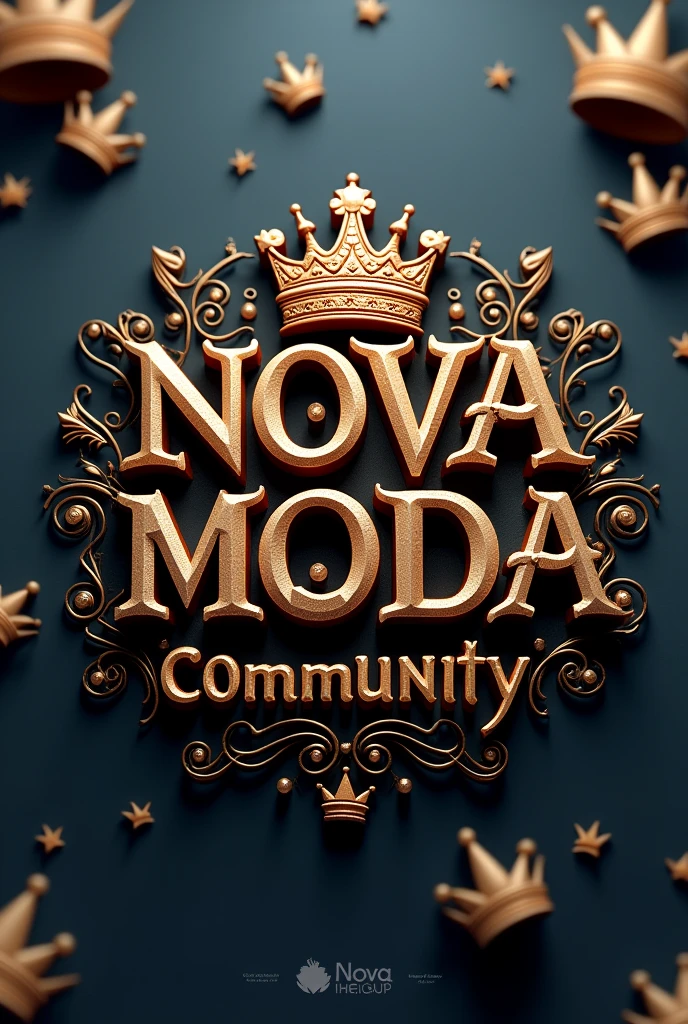 create name "NOVA MODA COMMUNITY" in 3d, crown inspired, in the background an image full of crowns