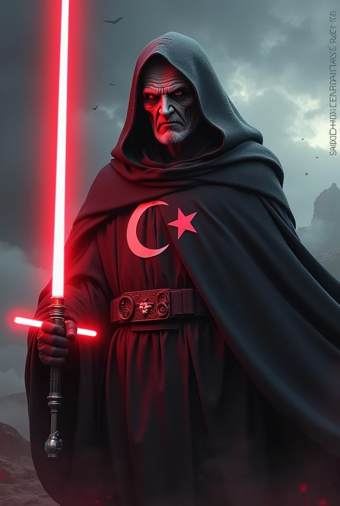 The country turkey as a Sith Lord from Star Wars, angular grey face, Star and moon on Cape, colors red and white, red lightsaber, agressive, frightening, ultra-realistic