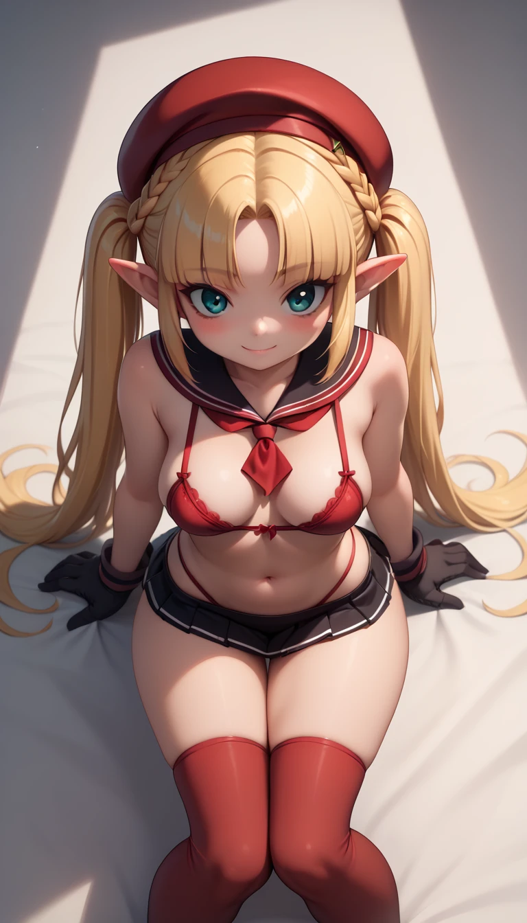 High resolution, Very detailed, perfect lighting, beautiful detailed eyes, ((masterpiece,Best Quality)), absurdities, alone, princess zelda, by the width, crown braid, Hair clip, pointy ears, Gloves without fingers, black gloves, smile, curves, nod, , deep neckline, deep neckline, red thong, touching her breasts in a sexy way, close up, pigtails with bangs, pigtails with bangs, touching her breasts in a sexy way, teal eyes, close up, pigtails with bangs, red beret, Slim fit sailor suit, Slim fit sailor suit, short black skirt, down on my knees, down on my knees, red beret, red stockings, red stockings, crouched on her knees, overhead, overhead, view from behind, view from behind, big ass, pigtails with fringe, sexy red lingerie, blonde hair, blonde hair 