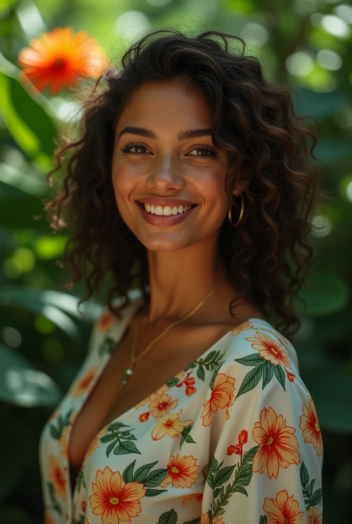 A Brazilian woman in a lush tropical garden, wearing an open shirt with a floral print, with a close-up capturing the harmonious beauty between her breasts and the natural flowers, showing off your natural charm and outgoing personality.