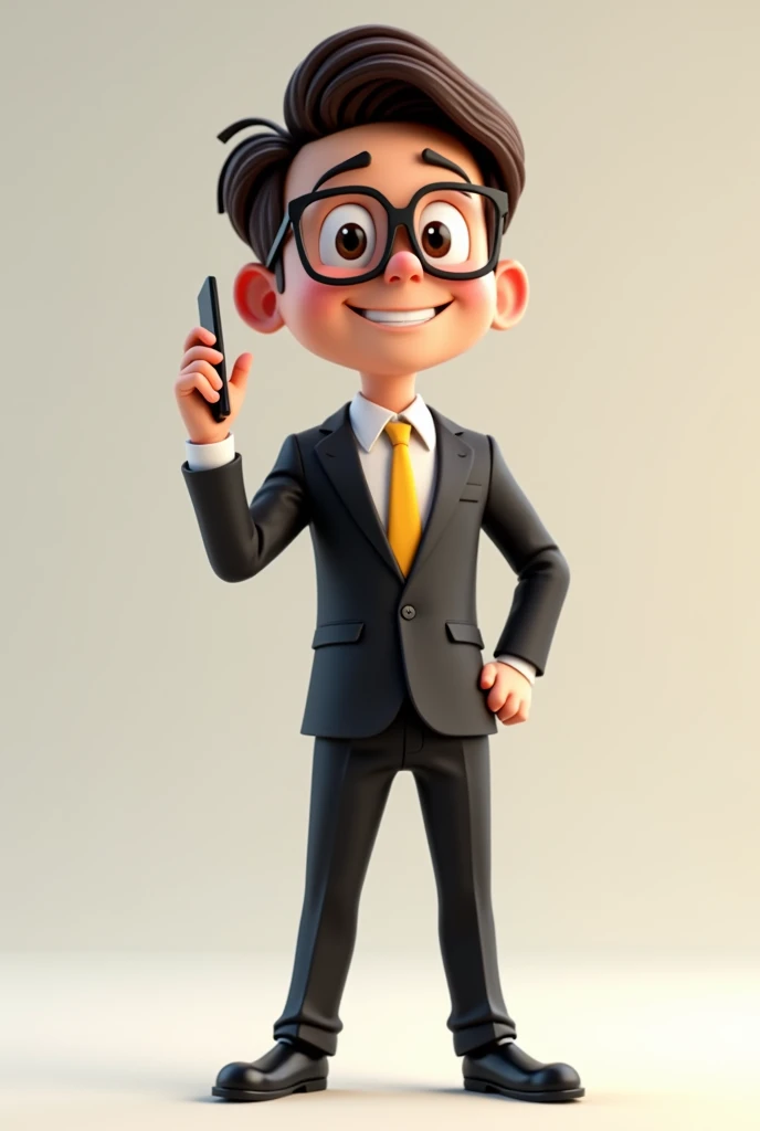 A full body 3D cartoon character. He has a friendly appearance, charismatic and is smiling. The character is a young man with fair skin, dark brown straight hair, bushy eyebrows, big brown eyes and wears glasses. His behavior is cheerful.
The character is dressed formally, wearing a black suit with a yellow tie.
With one hand she is holding a cell phone and with the other she is pointing at the cell phone. The background of the image is neutral, which further highlights the character.