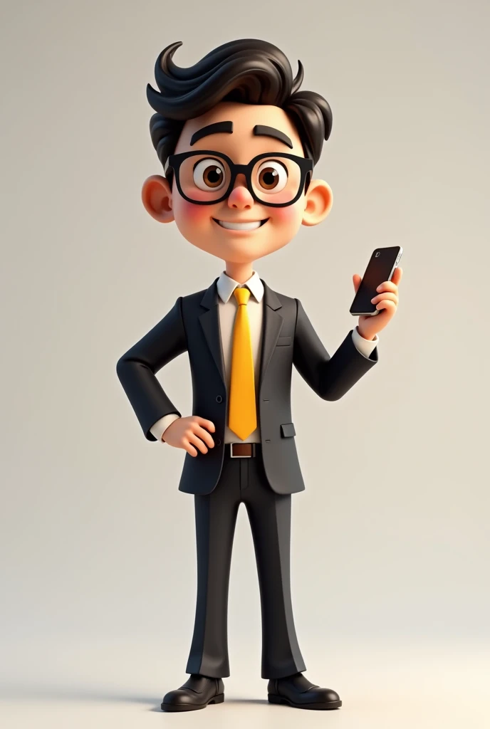 A full body 3D cartoon character. He has a friendly appearance, charismatic and is smiling. The character is a young man with fair skin, dark brown straight hair, bushy eyebrows, big brown eyes and wears glasses. His behavior is cheerful.
The character is dressed formally, wearing a black suit with a yellow tie.
With one hand she is holding a cell phone and with the other she is pointing at the cell phone. The background of the image is neutral, which further highlights the character.