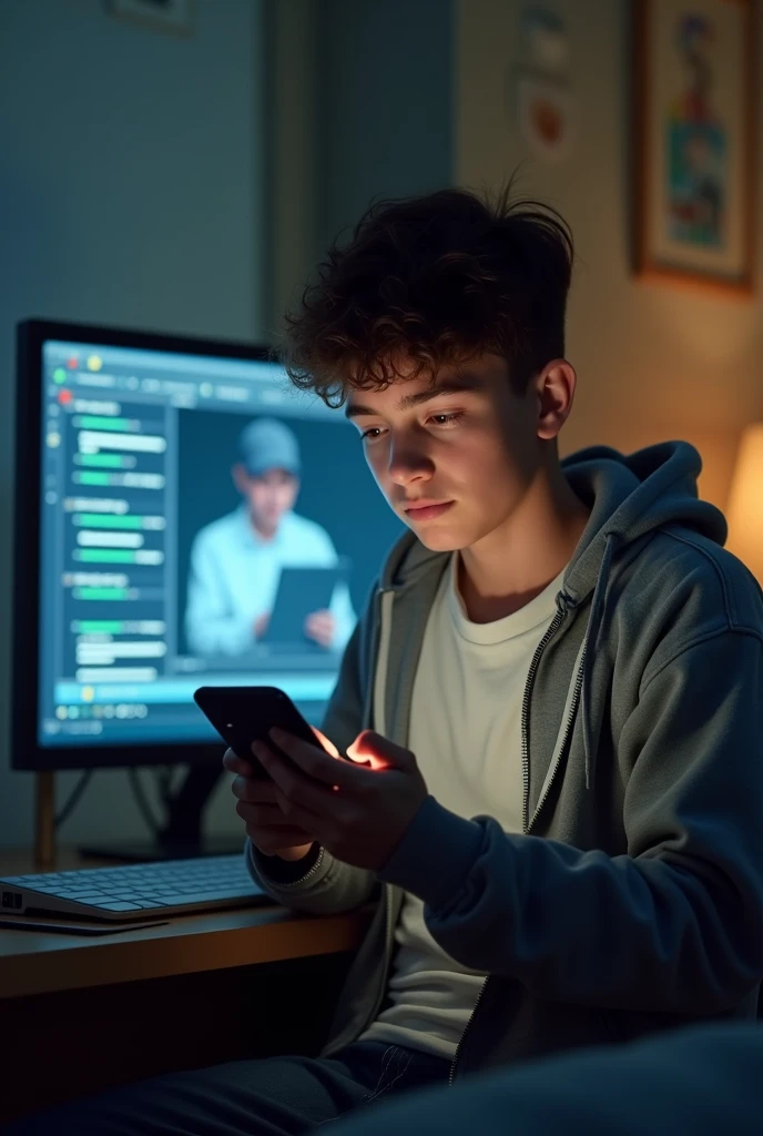 a teenager with a phone (that a scammer is seen in the background on another screen of a PC