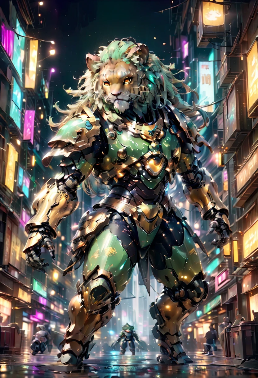 1 men, skin tanned, cabelos dreadlocks, (wearing green and yellow metallic armor, lion armor design), ((lion shaped armor)), fundo futuristico, futuristc city, ((Great quality)), ((8k, 16K)), lights, good lighting, (cinematographic), bouncing, 3d, HD,