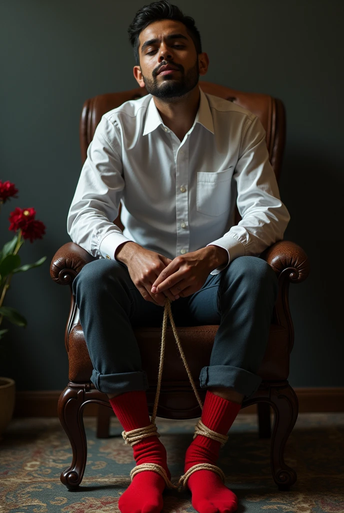 There is a handsome young Malay businessman from Malaysia named Haqiem hands,legs with red socks tied with ropes to the chair and eyes covered with cloth A man opened Haqiems shoes and tickled Haqiems soles with chicken feathers Haqiem laughed uncontrollably because his soles were being tickled by feather duster