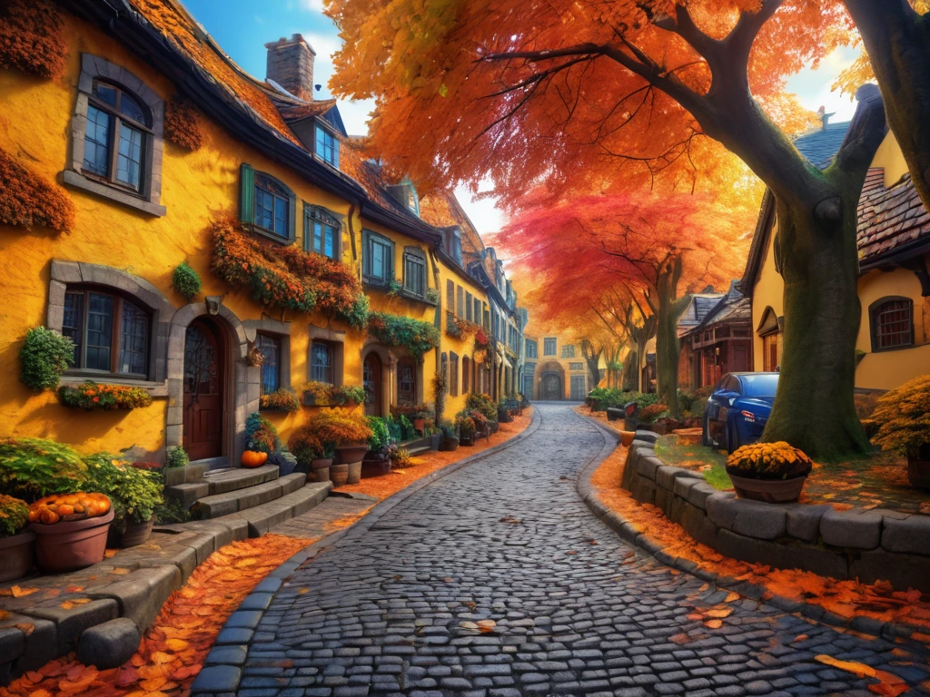 8K, UHD, HDR, cinematic, cinematic image, intricate details, realistic, photo,
Fantasy art style, Ethereal, curving cobblestone path winding between buildings. autumn.
vibrant style, colors that flow and blend,
