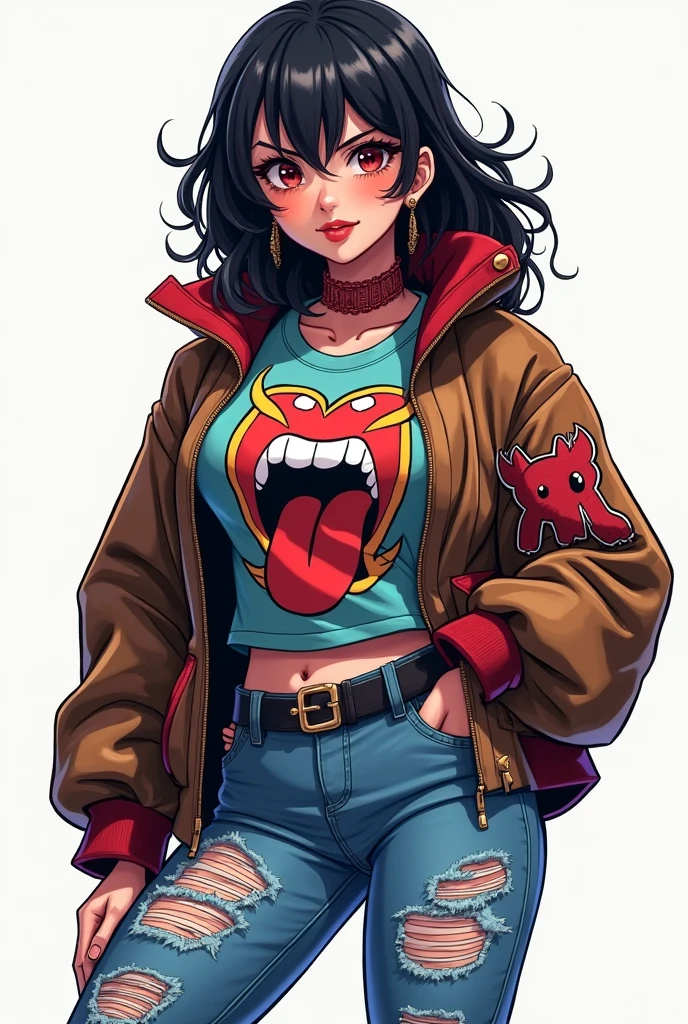 Fat Girl medium hair black hair with ripped jeans and animate T shirt demon jacket with White Shoes