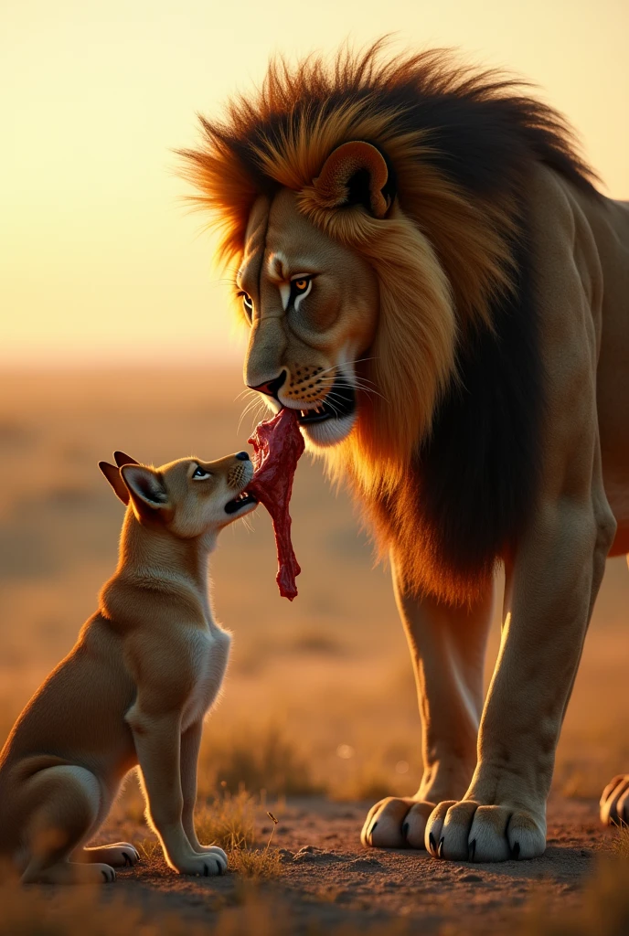 The lion gave the dog a piece of meat