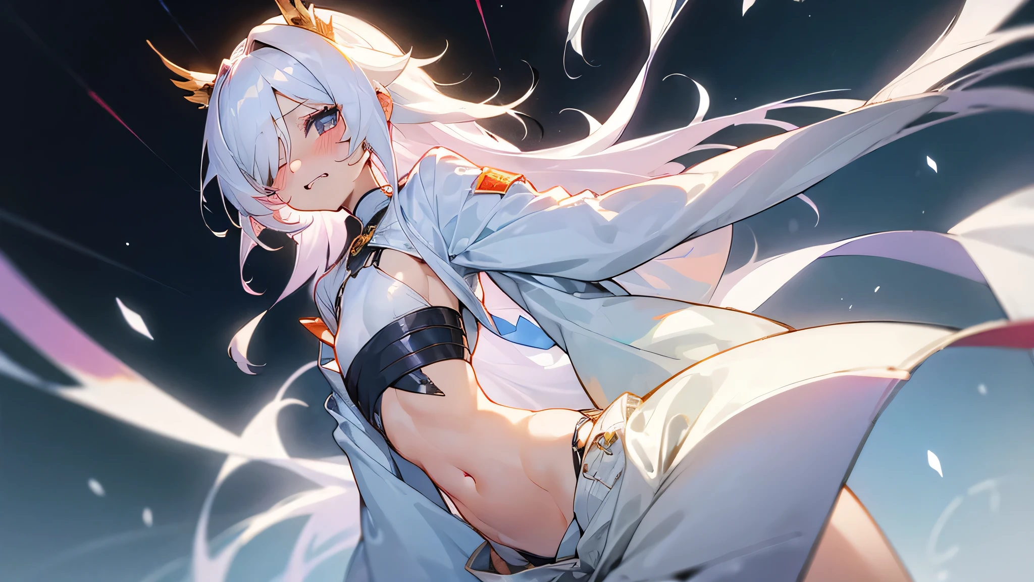 ((Girl with protruding ribs:1.4))、Sexy pose、Good、(flat chest:1.2),(skinny body:1.3)、Blushing、To blush、Thick eyes、((Are thin:1.3))、white hair, long hair, ((hair over one eye))、messy hair、((Double teeth))、((Larger clothes:1.3))、Beautiful eyes、(ミニスカート:1.5)、nipple, 頬を膨らませる