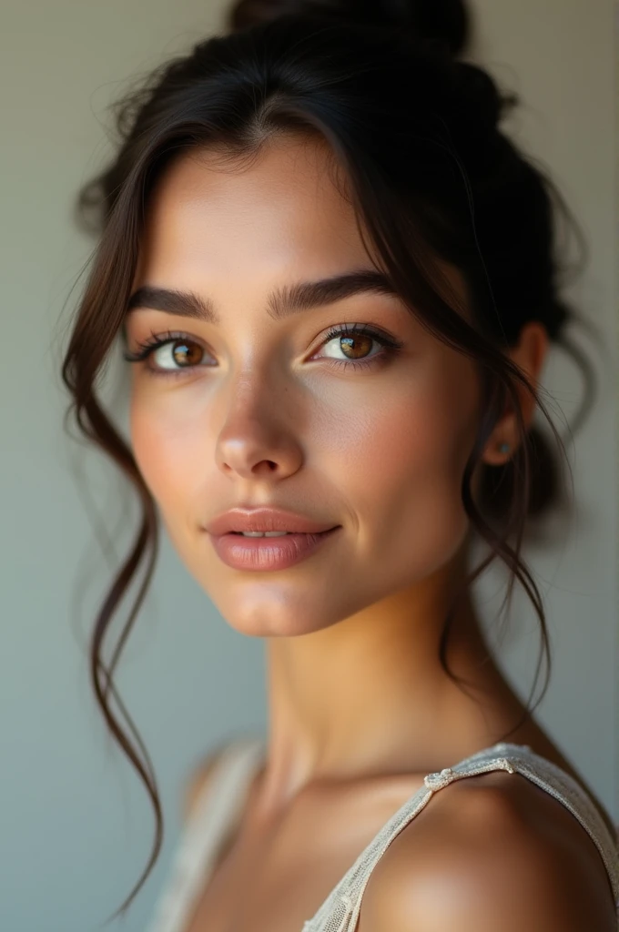 Ultra-réalistic photo portrait of a stunning Italian brunette. Straight hair, elegantly tied in a chignon, delicate face, large expressive dark brown eyes, full lips with a subtle smile, slightly tanned skin, natural look, no makeup, finely detailed eyelashes, soft curves of cheekbones. 8k resolution, high-definition, award-winning photography, incredibly lifelike and authentic."