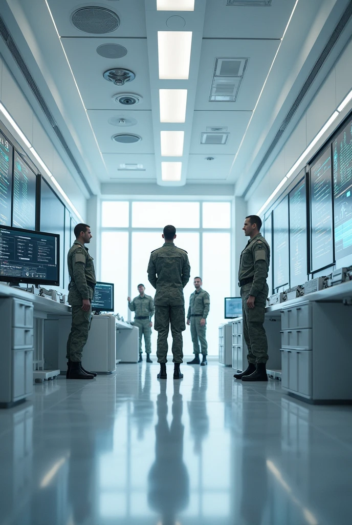 War room, commands and controls room, military, soldier's, big screens, white theme, lights in room,