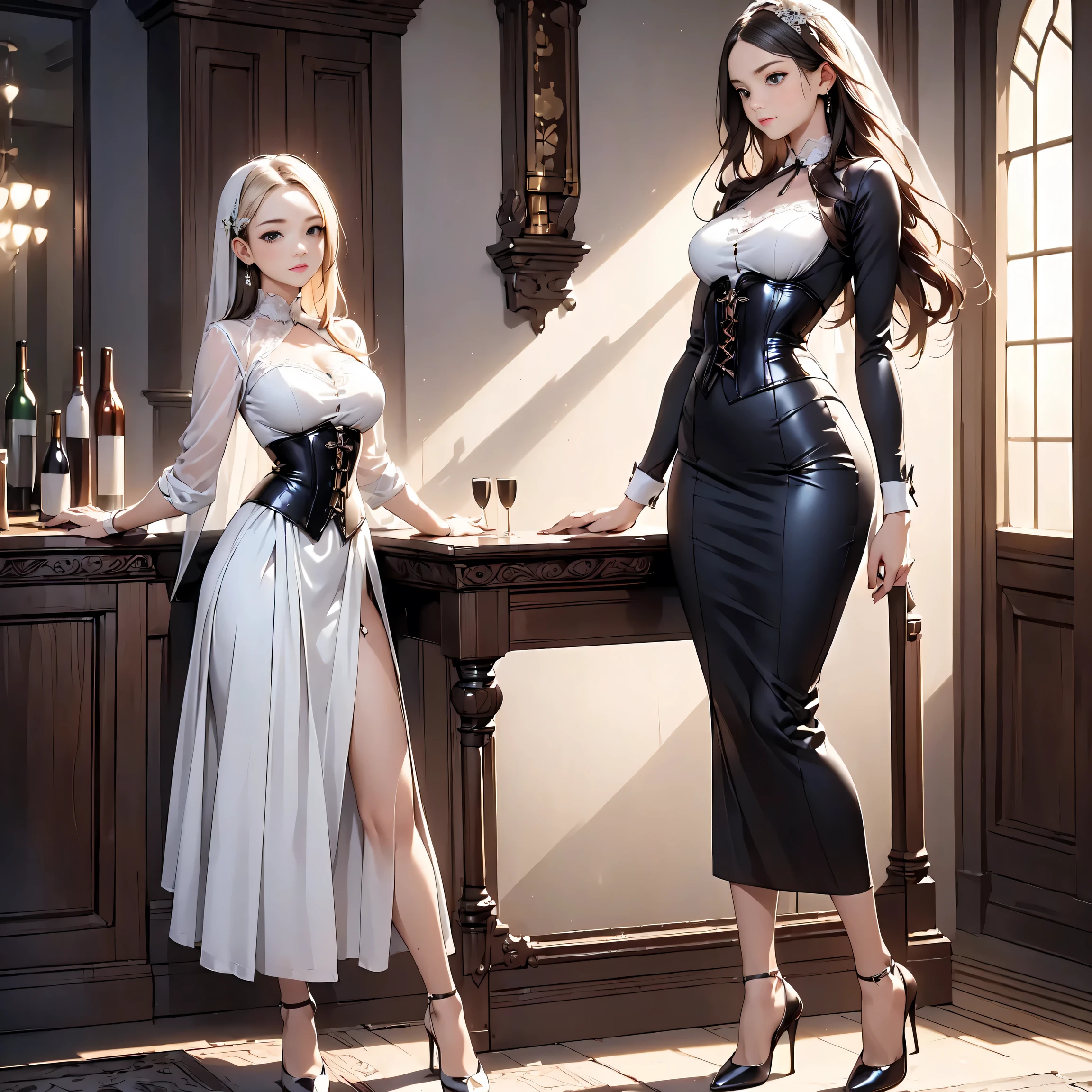 (masterpiece:1.3),(best quality, highest quality),((Full Body Shot,Including face)),1girl,Standing position,4K,masterpiece,((Focus on the face)),((Symmetrical facial features)),Beautiful woman,slender,Beautiful feet,((High heels)),Detailed depiction of the face,bar counter,uniform,Realistic,profile,Corset standing diagonally,Long skirt,White Wedding Dresses