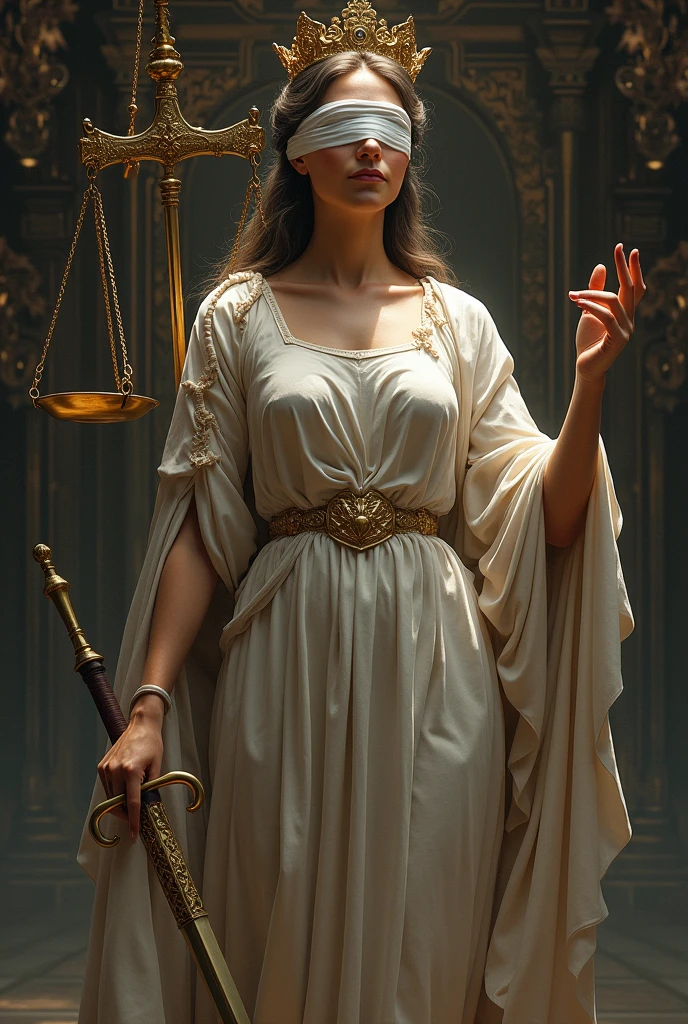 The Justices Woman, the goddess of justice, balances two scales, has a white cloth covering her eyes, and holds a sword in her other hand.