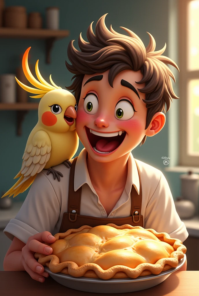 A licking pie and a cockatiel is sitting on his shoulder