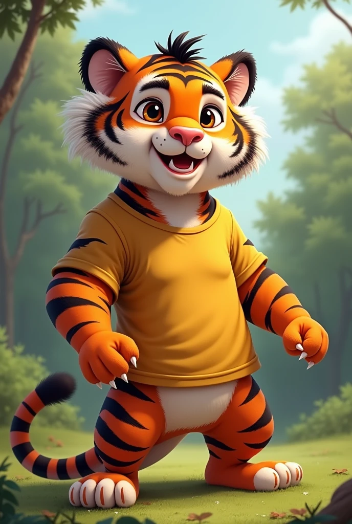 Give me a somewhat realistic cartoon of a tiger in a shirt
