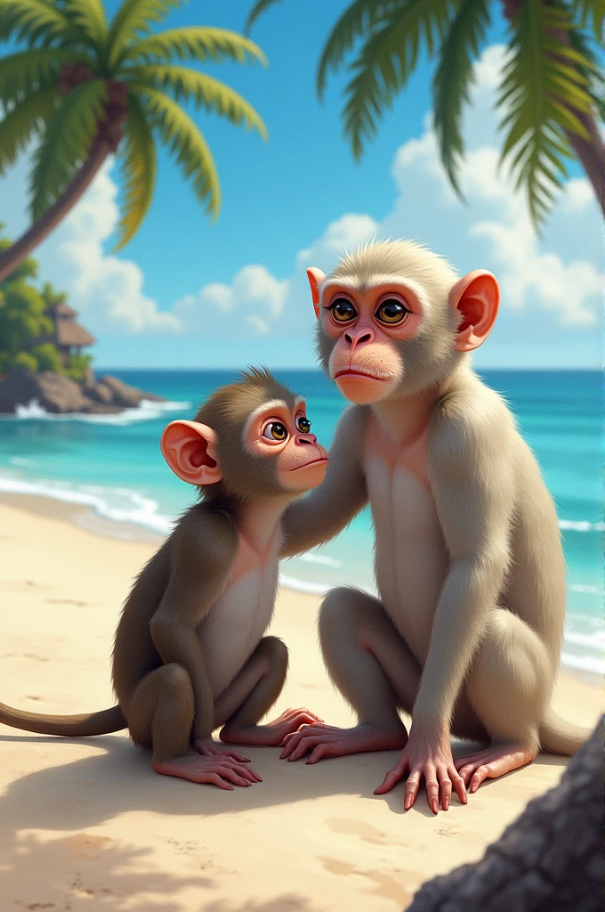 A monkey watching another monkey behind its back at the beach