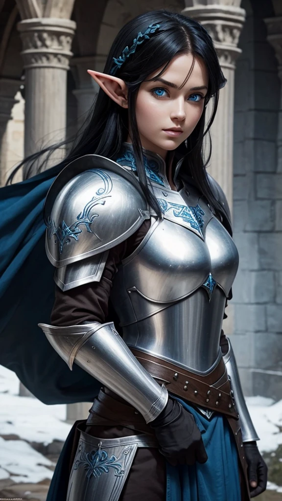 Medieval fantasy elf in armor, black hair and blue eyes 