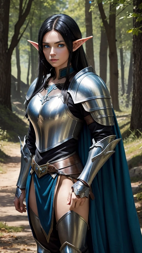 Medieval fantasy elf in armor, black hair and blue eyes
