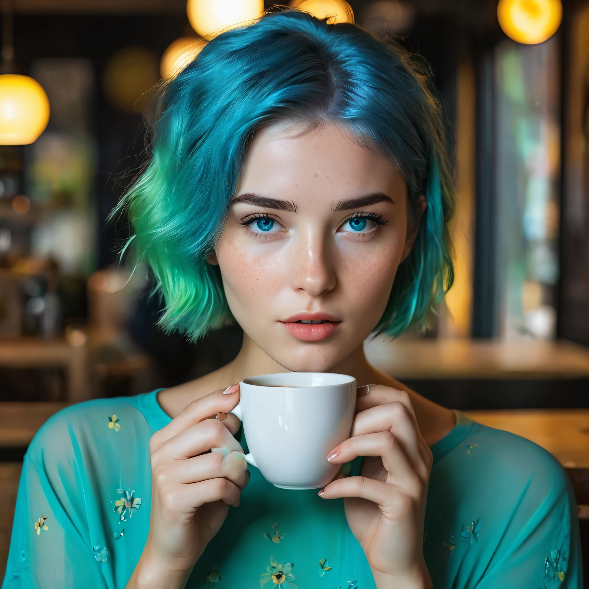 Woman 20 Years Old Nordic Ethnicity, short blue hair with a perfect face and light freckles, Blue-Green Eyes, A slightly mysterious shot of NovaiBrew sipping coffee, her eyes half-closed in a moment of indulgence. The setting could be a café or her home, with dim, warm lighting.((Color palette - turquoise, neon green, yellow shades))