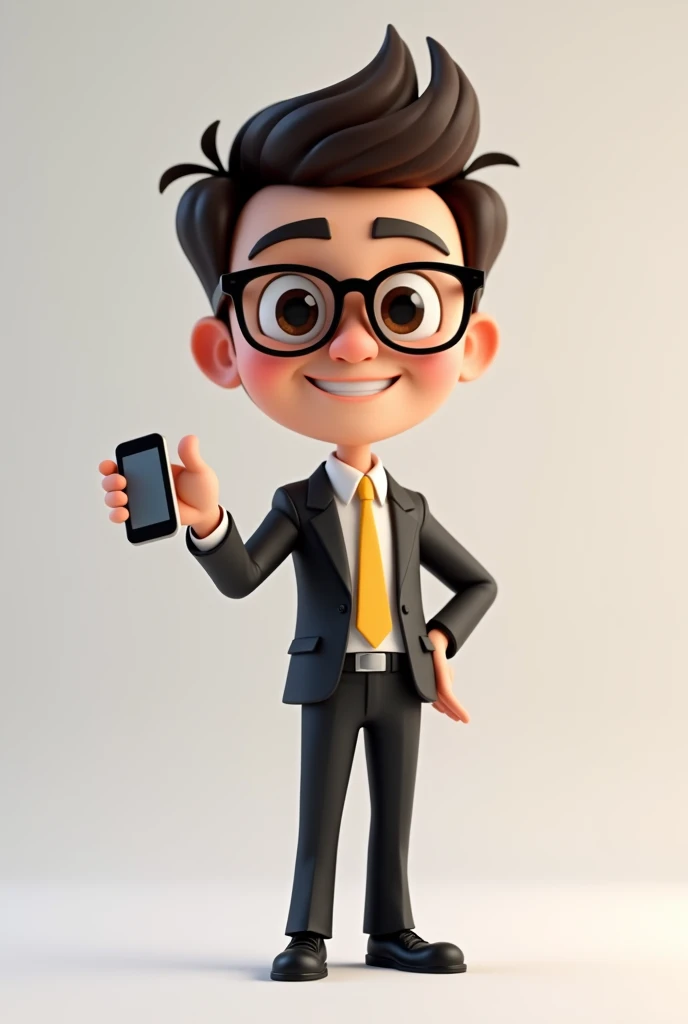 A full body 3D cartoon character. He has a friendly appearance, charismatic and is smiling. The character is a young man with fair skin, dark brown straight hair, bushy eyebrows, big brown eyes and wears glasses. His behavior is cheerful.
The character is dressed formally, wearing a black suit with a yellow tie.
With one hand she is holding a cell phone and with the other she is pointing at the cell phone. The background of the image is neutral, which further highlights the character.