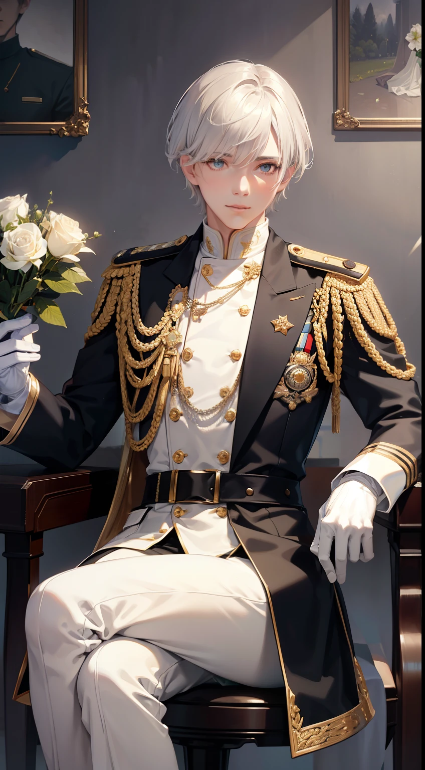 Young guy, short blonde hair with white strands, Green eyes, white officer's uniform, ssmile, White rose in hand, Crystal Rose, Masterpiece, hiquality、 Full body、4k、Highest image quality, excellent details, Ultra-high resolution, (Realism: 1.4), The best illustrations, High condensation,Center division、short silver hair、Beautiful face、fair white skin、jet black military uniform(decoration is golden)、White gloves、Chest Medal、High Rank、commander、Viceroy、office、Sitting on a chair、legs crossed、Eyes in detail