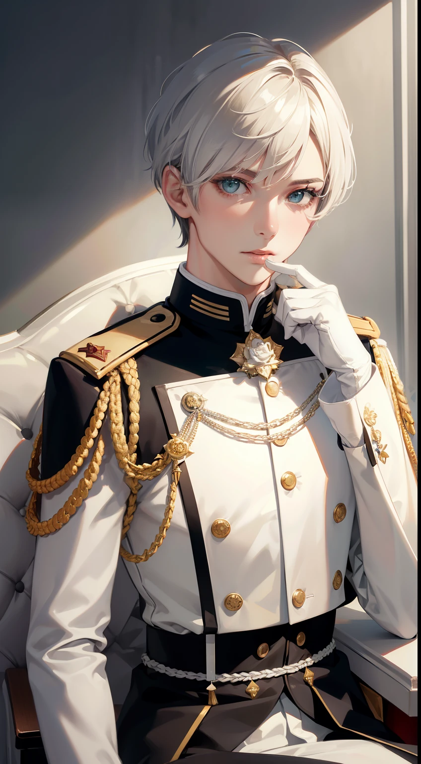 Young guy, short blonde hair with white strands, Green eyes, white officer's uniform, ssmile, White rose in hand, Crystal Rose, Masterpiece, hiquality、 Full body、4k、Highest image quality, excellent details, Ultra-high resolution, (Realism: 1.4), The best illustrations, High condensation,Center division、short silver hair、Beautiful face、fair white skin、jet black military uniform(decoration is golden)、White gloves、Chest Medal、High Rank、commander、Viceroy、office、Sitting on a chair、legs crossed、Eyes in detail