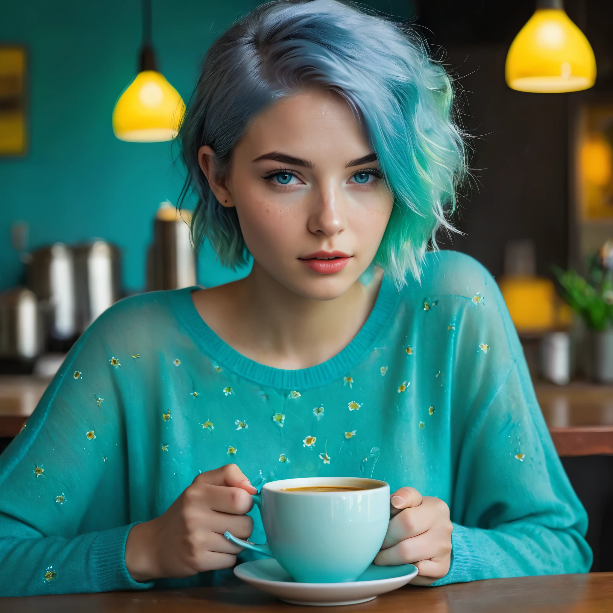 Woman 20 Years Old Nordic Ethnicity, short blue hair with a perfect face and light freckles, Blue-Green Eyes, A slightly mysterious shot of NovaiBrew sipping coffee, her eyes half-closed in a moment of indulgence. The setting could be a café or her home, with dim, warm lighting.((Color palette - turquoise, neon green, yellow shades))