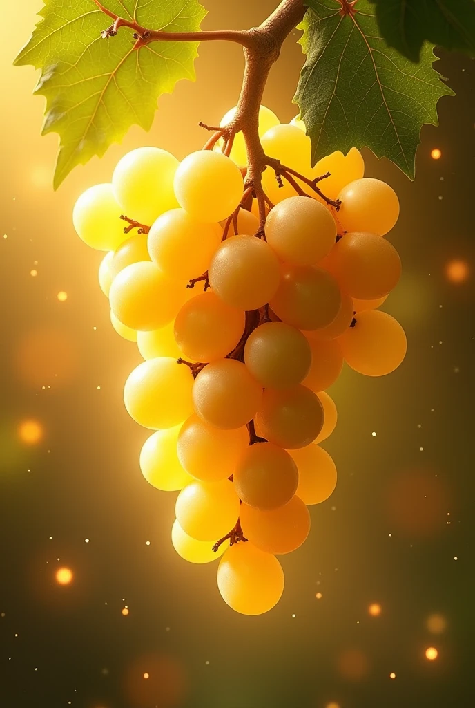 a bunch of grapes, mystical, divine, stem down. golden background, golden background light, branches into green leaves, golden aura, celestial.