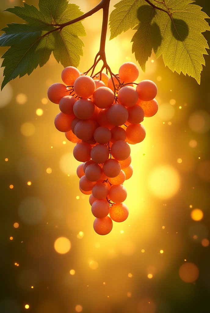 a bunch of grapes, mystical, divine, stem down. golden background, golden background light, branches into green leaves, golden aura, celestial.