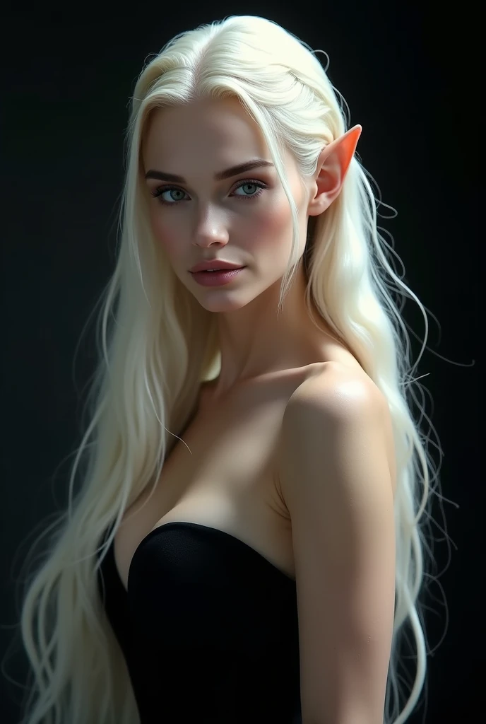 ELVE WOMAN WITH AN HYBRID FACE BETWEEN CLAUDIA SCHIFFER AND GISELE BUNDCHEN , BUST IMAGE STYLE, STUDIO IMAGE STYLE, BLACK INFINITE BACKGROUND, DIFFUSED LIGHTS ON FACE, STRONG BACK LIGHTS, CLOSE FACE SHOT, PLATINUM LONG HAIR, HUGE STRAIGHT LONG HAIR, VERY VOLUMOUS HAIR, PLATINUM EYEBROWS, VERY PALE SKIN, LIGHTNING SKIN LIKE SNOW, HIGH CHEEKBONES, ROSY CHEEKS, GORGEOUS LIPS, SOFT LIPSTICK, EXPOSED TIP EARS, FREE COLLAR BODY REGION, VOLUMOUS BREASTS, STRAPLESS CLEAVAGE, STRAPLESS LONG DRESS, LONG BLACK DRAPEED DRESS, ENIGMATIC FACE EXPRESSION, SIDE BODY VIEW, FACE LOOKING AT CAMERA, MIDDLE ANGLE SHOT, 100 mm LENS, HIGH QUALITY IMAGE, MASTERPIECE, 8K