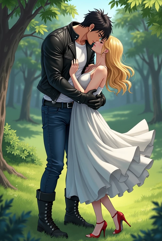 A muscular young man with black hair, wearing a white round-neck shirt and a black leather jacket over it, wearing blue jeans with a zipper down and an erect penis sticking out, black gloves, a black belt, and black combat boots, Having sex with a blonde woman wearing a white dress White dress and high heels In missionary position On the meadow in the forest, anime.