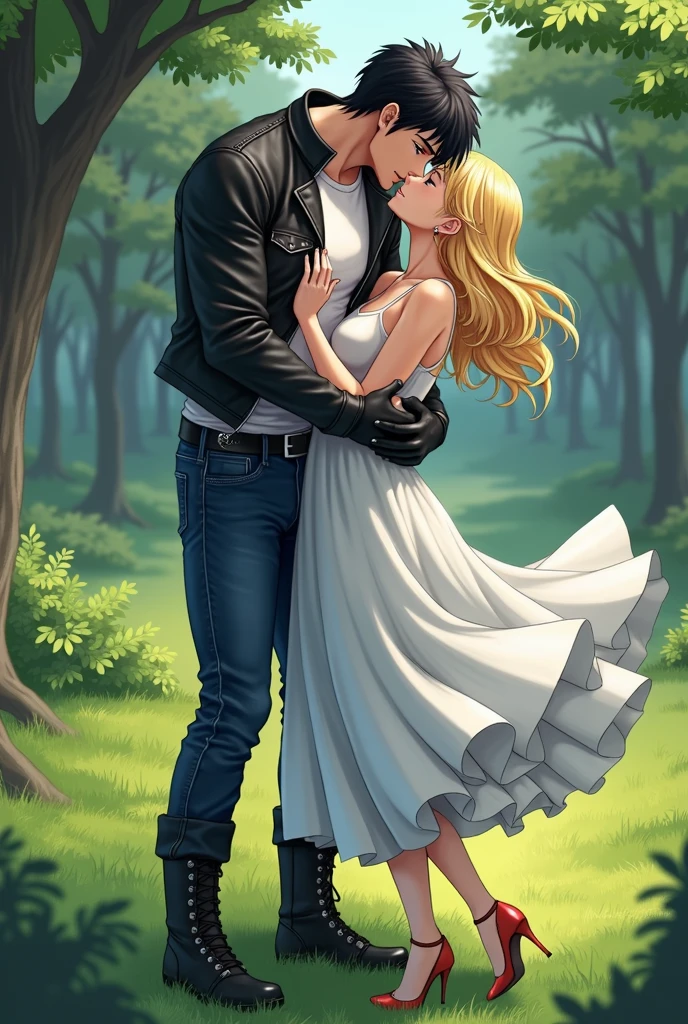 A muscular young man with black hair, wearing a white round-neck shirt and a black leather jacket over it, wearing blue jeans with a zipper down and an erect penis sticking out, black gloves, a black belt, and black combat boots, Having sex with a blonde woman wearing a white dress White dress and high heels In missionary position On the meadow in the forest, anime.