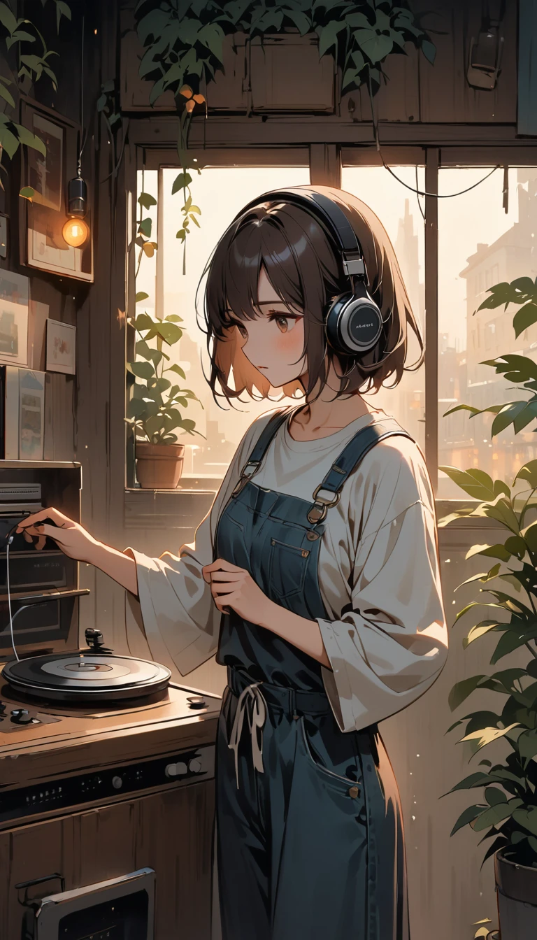 「Quiet street corner at night、Rain-soaked asphalt reflecting soft neon lights。In the window、A record player is playing music in a dimly lit room.。One boyish brown-haired girl、Standing calmly。She touches the headphones with one hand.、Listening to pleasant music。By the window、Plants are placed、It creates a relaxed atmosphere。Overall warm colours、Expressing the soothing atmosphere of Lofi music。」