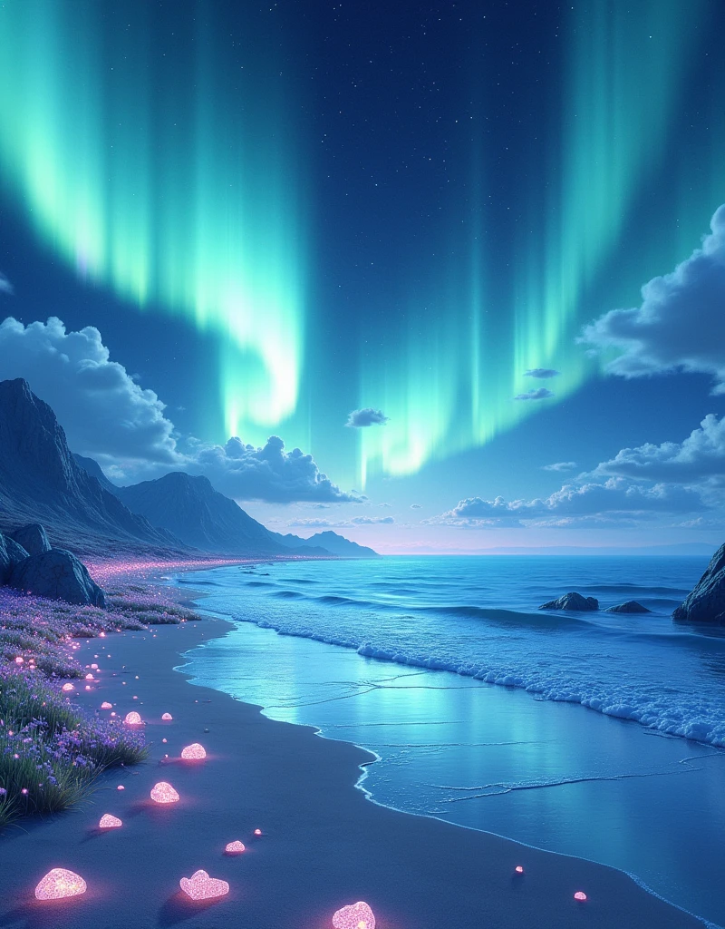 Create a anime style landscape image. (extreme light,fritillary light,Northern Lights,Conspicuous group of auroras,Aurora Falls,Aurora Beach(Aurora Beach)(Aurora Beach(Aurora Beach)),Aurora waves,The whole sky is filled with the Northern Lights,Changeable colors,Starcloud,starrysky,black hole:1.55),This is a surreal complex CG rendering. At night, the light blue sky, the sand beach is covered with crystal clear, lifelike jade, glittering white and pink lily of the valley and petals, heart-shaped bright goose warm stone, crescent shaped sea water, Moon, Starlight, art, k hd, Starry sky, many small and colorful luminous particles, which are captured by the Milky Way, atarctive, tundra and icebergs, fantasy, Dream, High detail, Beauty, 8K, Natural warm light effect,aurora, octane light and shadow, Complex details, super wide-angle Panoramic photography. HD. volume light, Reflection, reflective light, exaggerated moonlight reflection.16K HD – Chaos 100