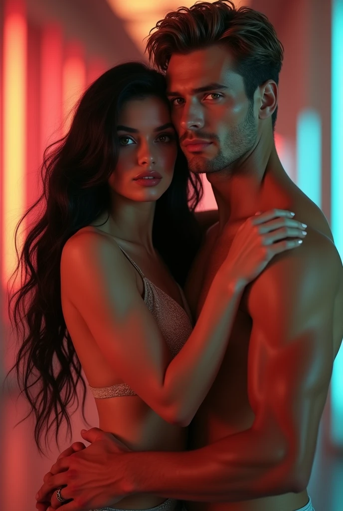 A beautiful Instagram model, long black hair, wearing a beautiful outfit , full body view, ((big boobs)), (hourglass figure), (white girl), detailed face, beautiful eyes, luscious lips, cinematic lighting, photorealistic, highres, 8k, (best quality:1.2), (realistic:1.37) , full body view , with her friend,Handsome 3 caucasian man with desireable features, medium length light brown hair, trimmed sides, clean shave face, BREAK, intriguing green eyes, tall and fit, (athletic:1.2) physique, seductive smile with confident expression ,er trägt sie auf Händen