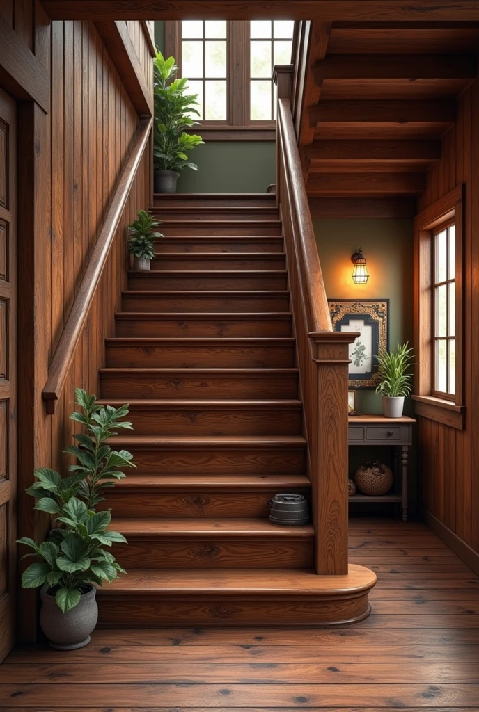 Image of a staircase inside a house with a rustic brown floor