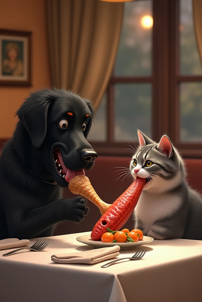 Un chien beauceron noir et un chat angora turc gris et blanc. Ils sont assis à la table d'un restaurant. Le chien mange une énorme cuisse de dinde et le chat mange un gros poisson rouge.