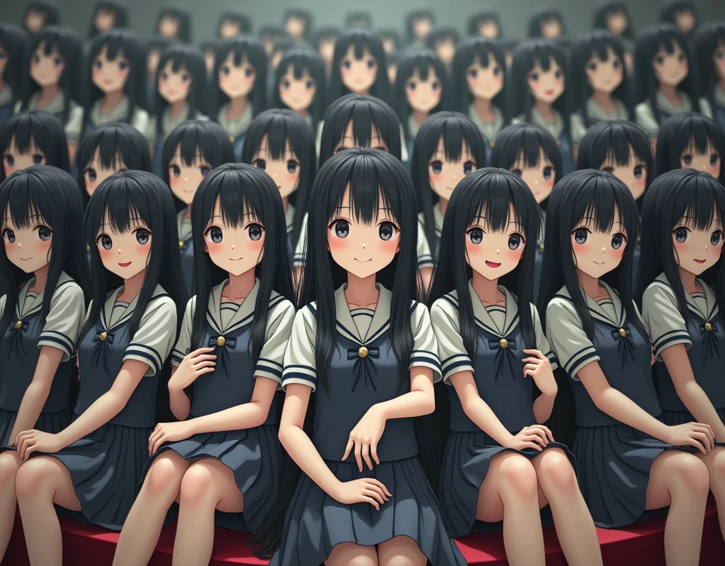 (Japanese Clone-girls=Myself), (Super Best masterpiece Clone-girls Raw Photography Art), (16K, Highest quality, Ultra-high resolution, RAW Photos), (It's so unrealistic., With unparalleled depiction, With an unfathomable sight, An unprecedented and shocking worldview, Clone-girls: In a world of mass reproduction, Ultra-realistic), (Japanese Girls, 16yo, Small face, Thick black hair, long hair, Dark Eyes, Mature face, Cute Smile, Smiling face, A gentle gaze, Very pleasant look), (Very beautiful detailed girls, Accurate body structure, Accurate body movements, Very detailed body, (Super , Large bulge of ample )), ((Schoolgirl uniform, Short sleeve, mini skirt, Emphasise the fullness of your )), (Very detailed, Myself cloning, Depiction of splitting oneself, 1Myself girl→1,000,000,000,000,000,000,000,000,000,000Myself cloning girls), (Myself clone girlsは, With the same perfect appearance without any difference, to multiply in large numbers), (Very detailed depiction, Myself's multiplying female body, In the same female body,With the same face, With the same hairstyle, In the same clothes, At the same height, 同じSuper で, The same female body that is completely indistinguishable, 1,000,000,000,000,000,000,000,000,000,000 people), (Myself girls only), (Academy, academic level, Commemorative photo depiction, Tiered stage photography, Happy smile, Front view)