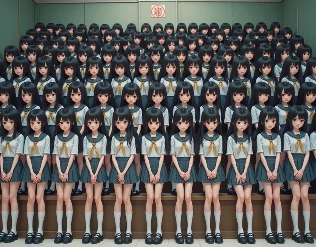 (Japanese Clone-girls=Myself), (Super Best masterpiece Clone-girls Raw Photography Art), (16K, Highest quality, Ultra-high resolution, RAW Photos), (It&#39;s so unrealistic., With unparalleled depiction, With an unfathomable sight, An unprecedented and shocking worldview, Clone-girls: In a world of mass reproduction, Ultra-realistic), (Japanese Girls, 16yo, Small face, Thick black hair, long hair, Dark Eyes, Mature face, Cute Smile, Smiling face, A gentle gaze, Very pleasant look), (Very beautiful detailed girls, Accurate body structure, Accurate body movements, Very detailed body, (Super big breasts, Large bulge of ample breasts)), ((Schoolgirl uniform, Short sleeve, mini skirt, Emphasise the fullness of your breasts)), (Very detailed, Myself cloning, Depiction of splitting oneself, 1Myself girl→1,000,000,000,000,000,000,000,000,000,000Myself cloning girls), (Myself clone girlsは, With the same perfect appearance without any difference, to multiply in large numbers), (Very detailed depiction, Myself&#39;s multiplying female body, In the same female body,With the same face, With the same hairstyle, In the same clothes, At the same height, 同じSuper big breastsで, The same female body that is completely indistinguishable, 1,000,000,000,000,000,000,000,000,000,000 people), (Myself girls only), (Academy, academic level, Commemorative photo depiction, Tiered stage photography, Happy smile, Front view)