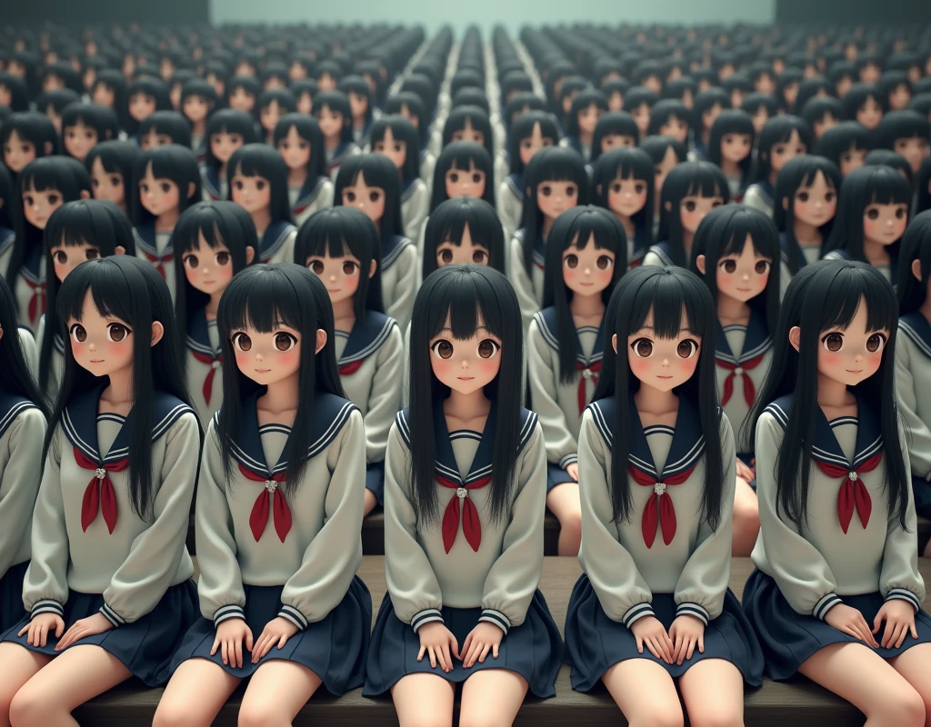 (Japanese Clone-girls=Myself), (Super Best masterpiece Clone-girls Raw Photography Art), (16K, Highest quality, Ultra-high resolution, RAW Photos), (It's so unrealistic., With unparalleled depiction, With an unfathomable sight, An unprecedented and shocking worldview, Clone-girls: In a world of mass reproduction, Ultra-realistic), (Japanese Girls, 16yo, Small face, Thick black hair, long hair, Dark Eyes, Mature face, Cute Smile, Smiling face, A gentle gaze, Very pleasant look), (Very beautiful detailed girls, Accurate body structure, Accurate body movements, Very detailed body, (Super , Large bulge of ample )), ((Schoolgirl uniform, Short sleeve, mini skirt, Emphasise the fullness of your )), (Very detailed, Myself cloning, Depiction of splitting oneself, 1Myself girl→1,000,000,000,000,000,000,000,000,000,000Myself cloning girls), (Myself clone girlsは, With the same perfect appearance without any difference, to multiply in large numbers), (Very detailed depiction, Myself's multiplying female body, In the same female body,With the same face, With the same hairstyle, In the same clothes, At the same height, 同じSuper で, The same female body that is completely indistinguishable, 1,000,000,000,000,000,000,000,000,000,000 people), (Myself girls only), (Academy, academic level, Commemorative photo depiction, Tiered stage photography, Happy smile, Front view)
