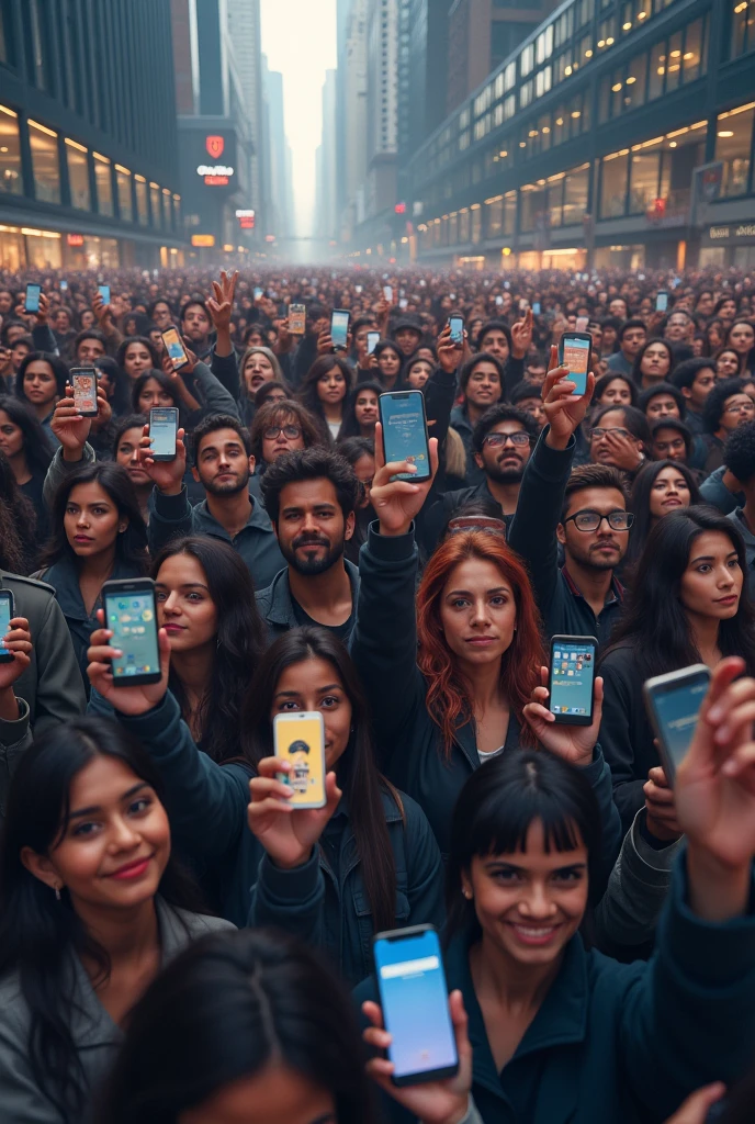 Many people together with a phone in their hand 