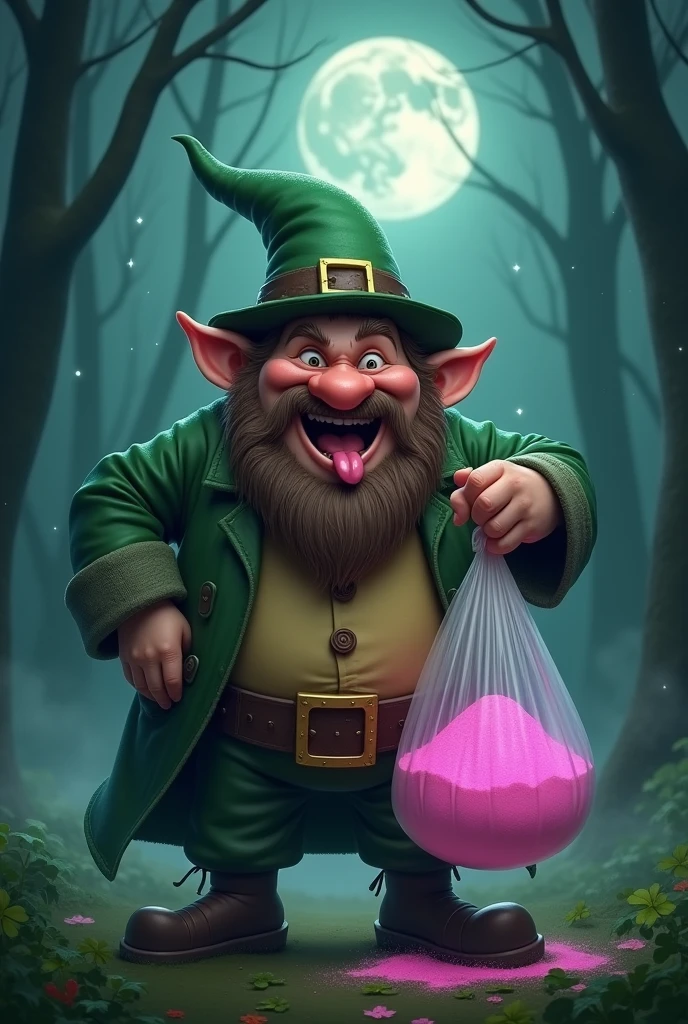 an elf (of those who have pots of gold and clovers and this leprechaun must be fat and grumpy, with beard) holding a large plastic bag in only one hand (like a ziploc bag) containing pink powder inside. The background must be in a forest at night with the moon (mean moon), fog and stars (that look like dots). The elf must stick out his tongue laughing.