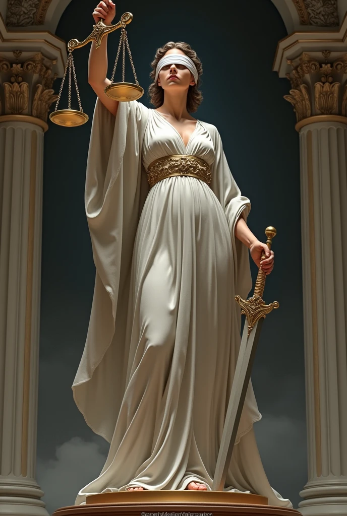 The Justices Woman, the goddess of justice, balances two scales, has a white cloth covering her eyes, and holds a sword in her other hand.