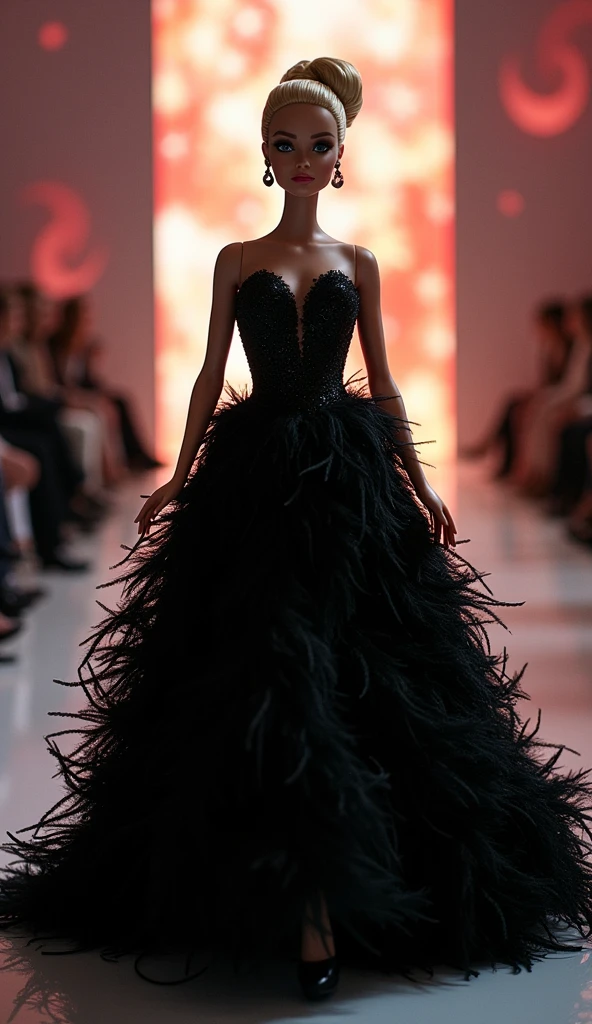 Barbie plus size desfila elegantemente em um cenário de lo fashion deslumbrante com vestido de noiva black alta lo fashion, dress made of feathers, long luxurious intricate dress, alexander mcqueen alta lo fashion, high lo fashion alta lo fashion, alta lo fashion lo fashion shoot, alta lo fashion lo fashion, official dior editorial, alta lo fashion plus size, christian dior style, alta lo fashion! lo fashion!, modern maximalist lo fashion dress, Vera Wang Haute Couture, !!! alta lo fashion!!! Cenário de lo fashion deslumbrante.