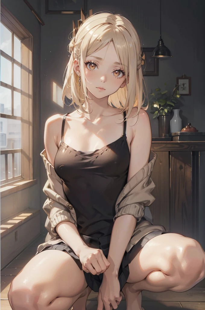 Photorealistic:1.5, Beautiful woman, hairstyle that bounces outward, (medium hair:1.5), (platinum blond hair:1.5), (platinum blond colored eyelash:1.5), (parted bangs:1.5), (amber color eyes:1.5), (sleepy face:1.5), blush:1.2, (tilt one's head:1.5), (hairpin:1.3), (masterpiece:1.3), (best quality:1.3), high-resolution, Head-on angle, Body facing forward, solo, beautiful detailed eyes, mid day, (((best quality, textile shading, ultra detailed))), extremely detailed CG unity 8k wallpaper, Highly Detailed beautiful and aesthetic, high resolution, detailed, dramatic lighting, 1Character, soft, gentle colors, (small breast:1.5), (black camisole:1.5), (super long hem summer cardigan:1.5), (skinny:1.5), blur background, downtown:1.5, squatting:1.2, armpit:1.5,