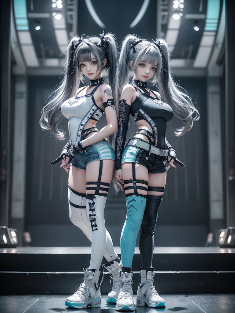 (Full Body View:1.2)、(Side view:1.2)、(Smiling with teeth showing:1.3),(Shibuya Gal:1.5)、(Gothic style fashion:1.5)、(Punk rock visual kei:1.5)、(Wearing a rhythmic gymnastics bodysuit with intricate details:1.4)、(Complex white racing suit and pants, Denim and turquoise decor:1.5)、(Denim and light blue and white boots:1.3)、((belt))、(A number of subtle logos are featured throughout the costume々:1.4)、(collar:1.3)、(Striped underwear:1.5)、20-year-old、Browsing Caution、((Highest quality、In 8K、masterpiece:1.3))、Sharp focus:1.2、(Layered Cut、Huge boobs:1.1),Beautiful woman with perfect figure:1.4、(Dance vigorously:1.3)、Slim Abs:1.2、Highly detailed face and skin texture、Detailed eyes、double eyelid,(Twin tails:1.3)、(Dark silver hair:1.3)、Idol Sculpture、(The background is the stage for a fashion show:1.3)、(The body is slim:1.3),(Slimming your legs:1.4),(clavicle:1.1)、(Thin and slim thighs:1.3)