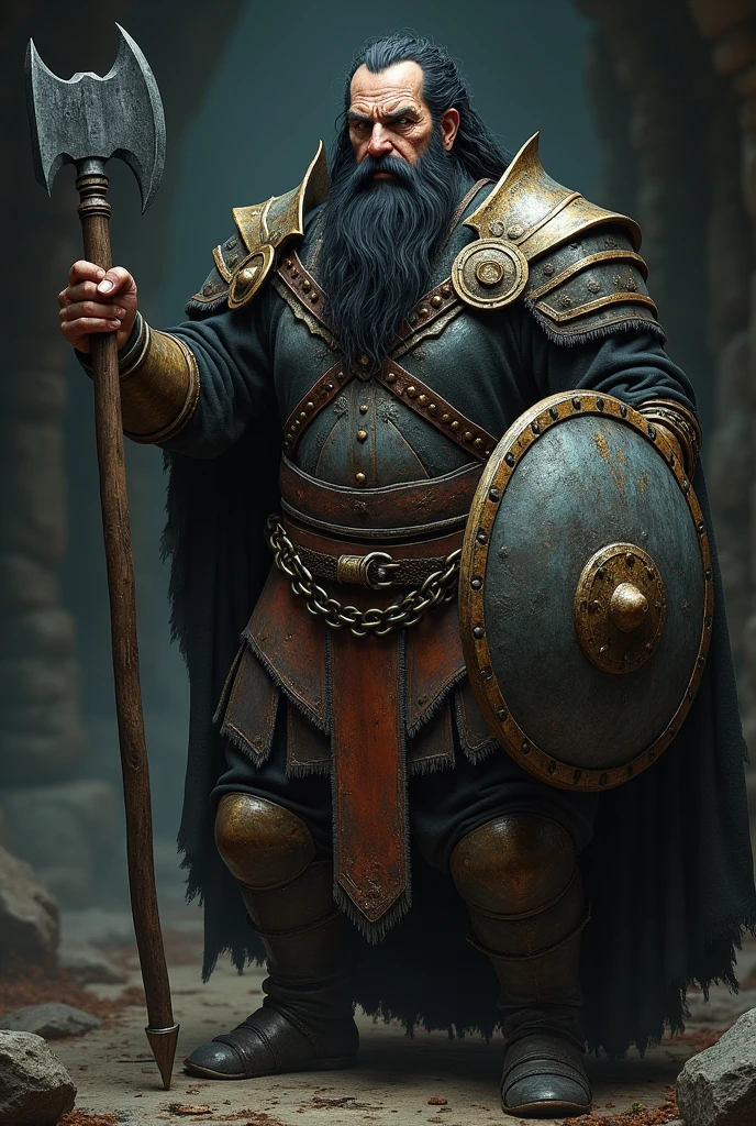 A gloomy, grim fantasy dwarf in full shining chain armour, middle aged man, with long black beard, which is braided, decorated with iron rings, long black hair, which are braided, decorated with iron rings, green eyes, scar from forehead to cheek right, holds a battle axe in one hand and an iron shield in the other, combat stance