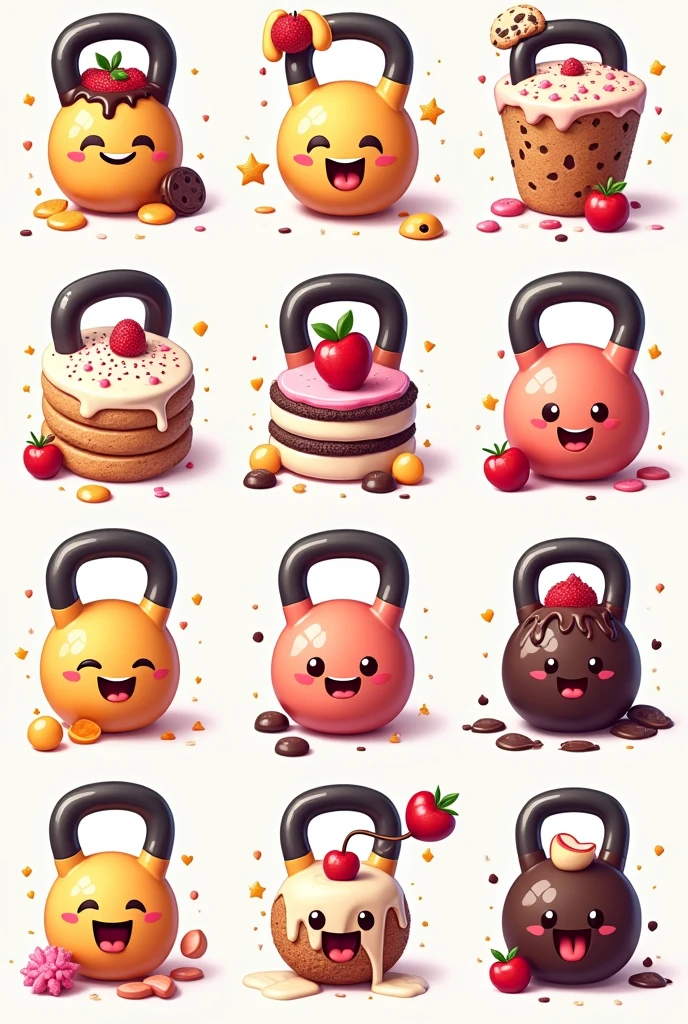 We need 8 Different Kettlebell logo designs
1. Kettlebell shaped like a peach emoji
2. Kettlebell shaped like a peach emoji with frosting/syrup dripping on it
3. Kettlebell shaped like a Cake (layers and frosting)
4. Chocolate Chip Cookie kettlebell that has been bitten
5. Kettlebell with chocolate syrup/frosting dripping off it
6. Kettlebell with pink frosting and sprinkles dripping off it
7. A honeycomb kettlebell with honey dripping off it
8. A kettlebell with candy and cookies around it
9. A Peach logo
Thicc Treats is a body positive clothing brand disguised as bakery/candy store. our target market is curvy women who enjoys junk food and hitting the gym
Give all different variations in a single pictures